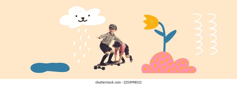 Creative artwork with happy kids, children having fun, skateboarding over light background with drawings, doodles and illustration elements. joy, fun, happiness, childhood concept. Banner - Shutterstock ID 2253998521