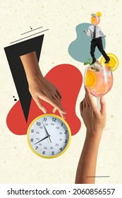 Creative artwork of human hands, alcohol cocktail, clock and man in official suit with cocktail head isolated over yellow background. Concept of art, creativity, imagination, poster. Copy space for ad