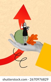 Creative artwork image collage of hand hold young lady stand finger up arrow coin dollars atmosphere outdoors seasonal foliage september