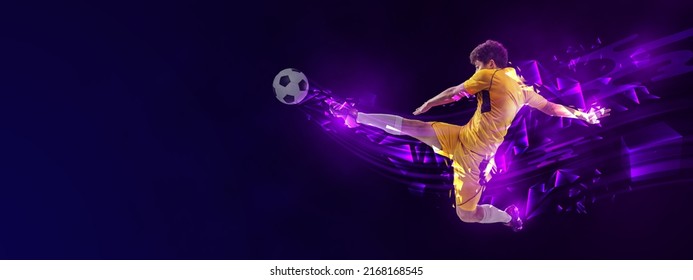 Creative artwork with male soccer, football player in motion with ball isolated on dark background with fluid neon elements. Concept of art, creativity, sport, energy and power - Powered by Shutterstock