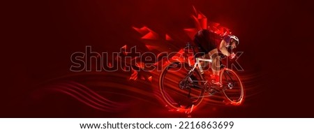 Creative artwork. Man, professional cyclist training, riding on red background with polygonal and fluid neon elements. Concept of sport, activity, creativity, energy. Copy space for art, text