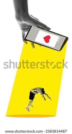 Creative artwork. Man pulled into glowing phone screen with social media symbol, drawn by approval, lost in endless validation, disconnected from real world. Concept of social media addiction, ads.