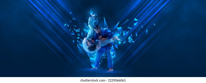 Creative artwork. Men, professional martial arts athletes training over dark blue background with polygonal and fluid neon elements. Concept of sport, activity, creativity, energy. Copy space for art - Powered by Shutterstock