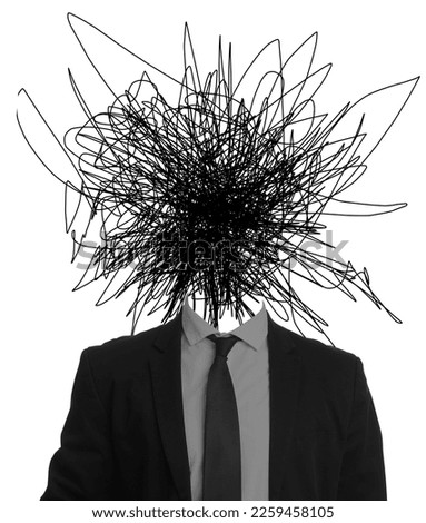 Creative artwork. Mess in head. Man with doodles instead of head on white background