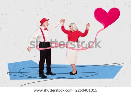 Creative artwork photo collage of feel young old people dancing much years together doodle drawing love festive clothes isolated on grey background