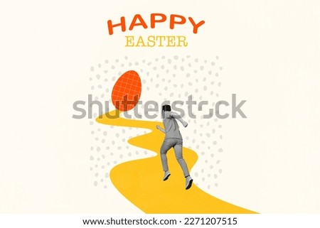 Creative artwork pop collage template of persistent young guy play festival easter game run fast achieve big egg