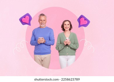 Creative artwork portrait of two aged partners hold use telephone chatting receive like notification isolated on pink background - Powered by Shutterstock