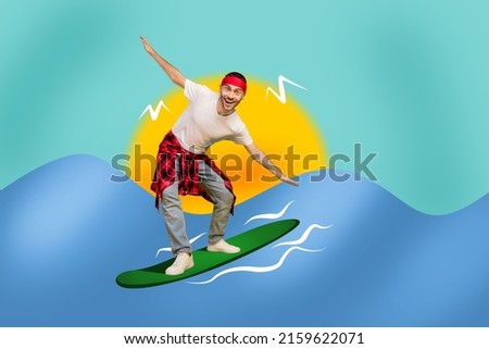 Creative artwork poster of cool sporty guy surfing big ocean wave hands aside isolated realistic nature background