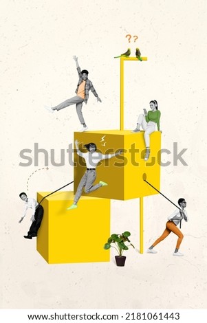 Creative artwork poster of many black white filter people do activity move diverse union isolated color background