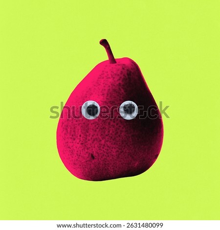 Creative artwork. Red pear with plastic googly eyes floats on lime green background, disturbing innocence of fruit through cartoon absurdity. Concept of fast food, fun discomfort.