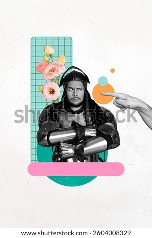 Creative artwork sketch 3D collage of finger point choose young man hero confused face vintage knight warrior clothing armor rose flower
