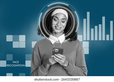 Creative artwork sketch image 3D collage of human resources personal identification scanner online young lady smile hand hold smartphone