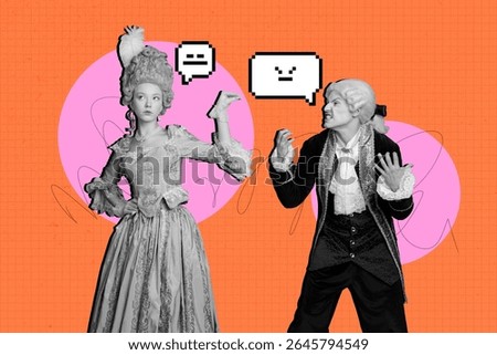 Creative artwork sketch image 3D collage of royalty renaissance queen fashion style young lady bad mood man stand confused emoji message