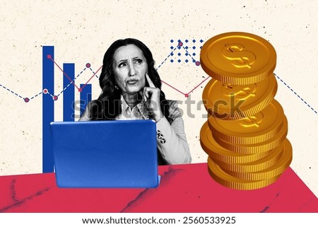 Creative artwork sketch image collage of dollars wealth budget earnings currency aged woman think work laptop stats graphics stack coins