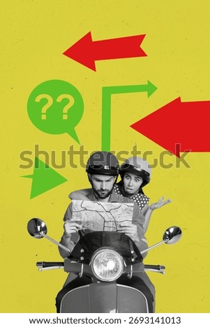 Creative artwork sketch image collage of lost direction arrow target road aim couple summer travel man hold map lady confused ride moped