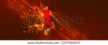 Creative artwork. Sportive man, basketball player in motion, playing on red background with polygonal and fluid neon elements. Concept of sport, activity, creativity, energy. Copy space for art, text