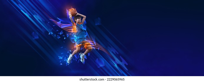 Creative artwork. Teen boy, basketball player training on blue background with polygonal and fluid neon elements. Championship. Concept of sport, activity, creativity, energy. Copy space for art, text