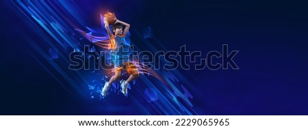 Creative artwork. Teen boy, basketball player training on blue background with polygonal and fluid neon elements. Championship. Concept of sport, activity, creativity, energy. Copy space for art, text