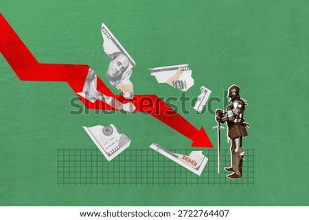 Creative artwork template 3D collage of arrow point down crisis man hero costume vintage conqueror dollars wealth budget earnings currency.