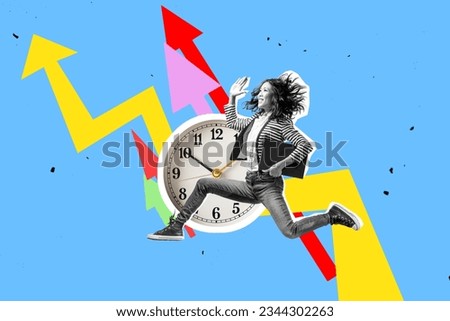 Creative artwork template collage of active woman achieving aim. Job Jump Concept. Run against time.