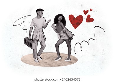 Creative artwork template collage of dancing couple hip hop valentine day love dating concept magazine surrealism metaphor psychedelic