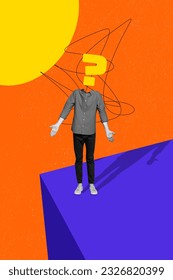 Creative artwork template collage of doubtful unsure guy question mark instead head shrugging shoulders isolated colorful background