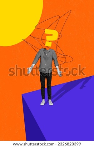 Creative artwork template collage of doubtful unsure guy question mark instead head shrugging shoulders isolated colorful background