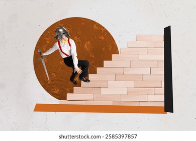 Creative artwork template image 3D collage of professional entrepreneur job vacancy manager young man helmet hold sword climb up ladder