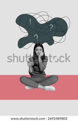 Creative artwork template image 3D collage of inspiration inner world mind therapy solution young woman sit down anxiety hold smartphone