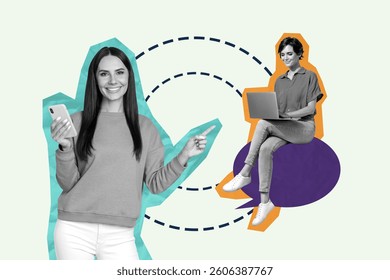 Creative artwork template sketch 3D collage of sticker two young lady friends sit stand finger point showing hold smartphone laptop smile