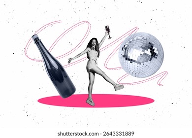 Creative artwork template sketch 3D collage of young lady walk hand hold cockatil glass bottle champagne leisure event carefree discoball