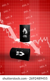 Creative artwork template sketch 3D collage of oil industry barrel arrow graphics fossil fuel investor finance inflation down bankruptcy