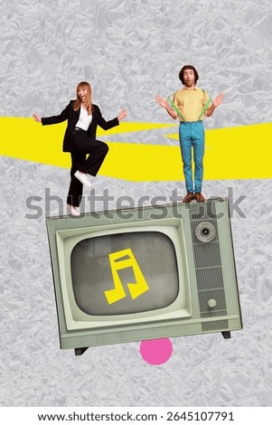 Creative artwork template sketch 3D collage of young lady man dance tv tuner retro technology nightclub weekend entertainment rest party