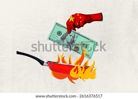 Creative artwork template sketch collage of frying pan burn hand chinese flag hold dollars fire burn geo politics china trade war market