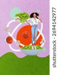 Creative artwork template sketch image collage of young lady stand lanch plate salad tomato mushroom eat dieting nutrition cuisine gourmet