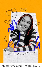 Creative artwork template sketch image 3D collage of happy young lady woman smile heart modern caricature dream poster design dream
