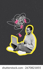 Creative artwork template sketch image 3D collage of silhouette young lady sit work laptop internet computer virtual online type letters