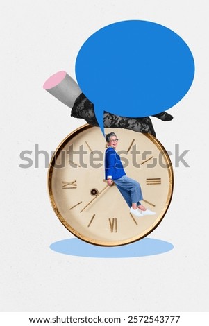 Creative artwork template sketch image 3D collage of hand hold clock wear glove work alarm time control deadline aged woman sit talk cloud