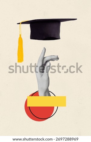 Creative artwork template sketch image 3D collage of hand hold hat graduate study hat graduate university courses diploma education