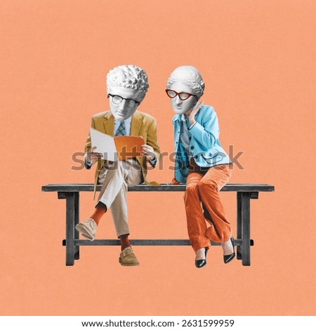 Creative artwork. Two statue-headed characters in vintage outfits sit on bench reading and chatting with serious expressions against coral background. Concept of communication, retro, daily dialogue