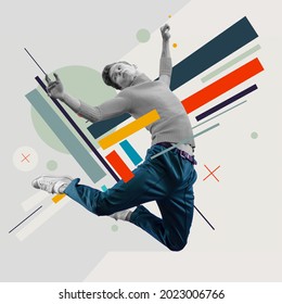 Creative artwork. Young caucasian man, guy hovered in the air among multicolored geometric figures over grey background. Concept of vintage fashion, imagination, creativity, art.