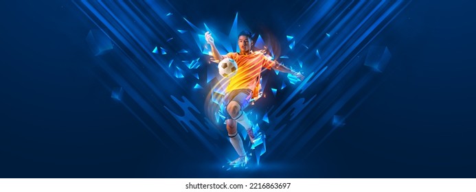 Creative artwork. Young man, sportive football player training isolated on dark blue background with polygonal and fluid neon elements. Concept of sport, activity, creativity. Copy space for art, text