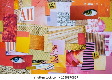 Creative Atmosphere art mood board. Handmade collage made of magazines and color paper cut clippings. Mixed texture background.