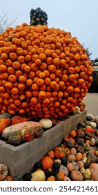 A creative autumn display featuring a massive pumpkin sculpture made from stacked orange pumpkins, with diverse gourds in various shapes, colors, and textures surrounding its base. 

