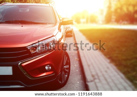 Creative background, High-beam headlight of the newest car. Copy space.