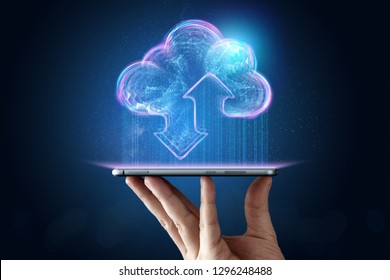 Creative background, male hand with the phone, the image of the hologram of the cloud, blue background. The concept of cloud technology, cloud storage, a new generation of networks. Mixed media.