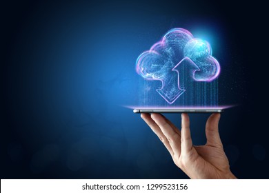 Creative background, male hand with the phone, the image of the hologram of the cloud, blue background. The concept of cloud technology, cloud storage, a new generation of networks. Mixed media.