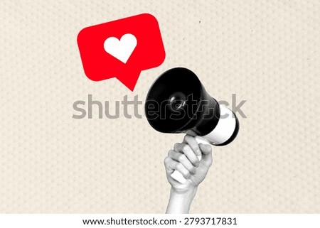Creative banner artwork image collage of big like button hand speak bullhorn social media influencer blogging content announcement.