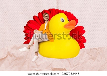 Creative banner collage of attractive man sit on huge yellow inflatable duck travel worldwide on beige color water
