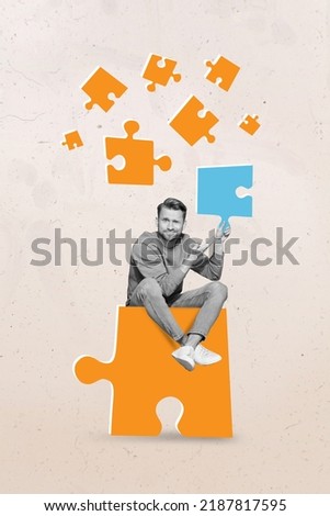 Creative banner collage of guy sit on big jigsaw piece confused with blue unsuitable part unfit question quiz